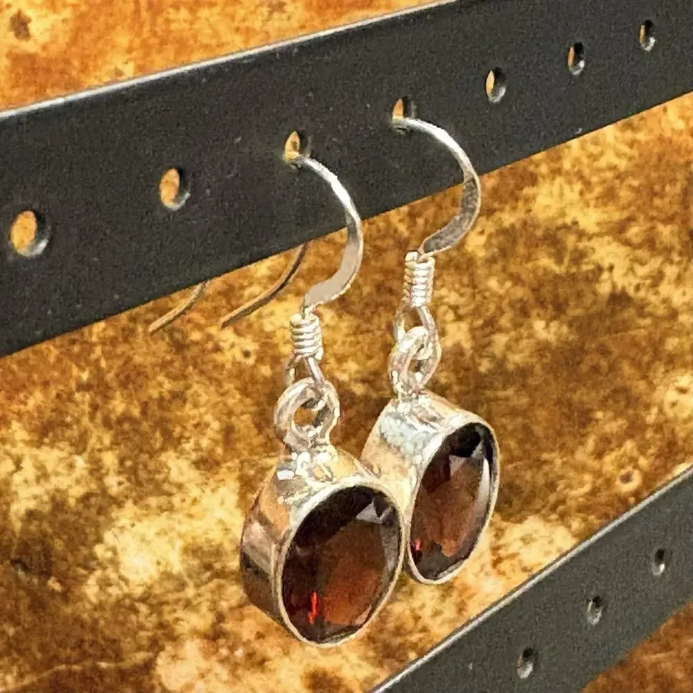 Sterling Silver & Garnet Earrings Oval Shaped Dangle/Drop